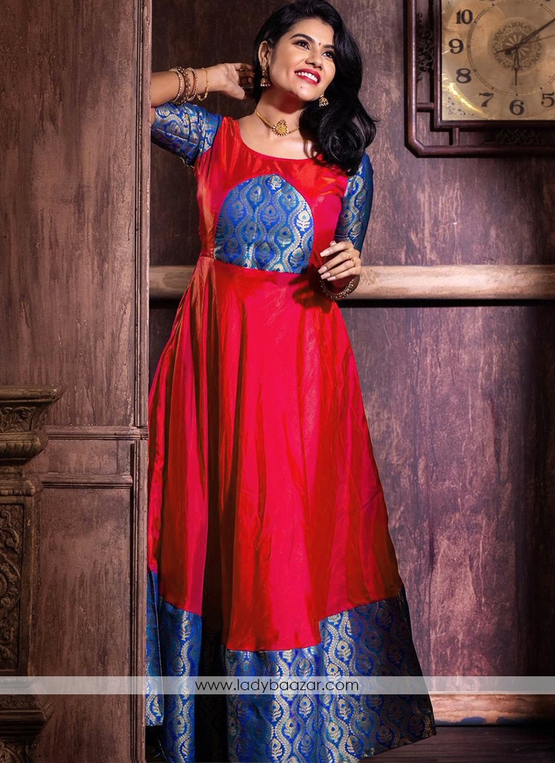Pleasance Tomato Red Colored Festive Wear Weaving Jacquard Silk Gown
