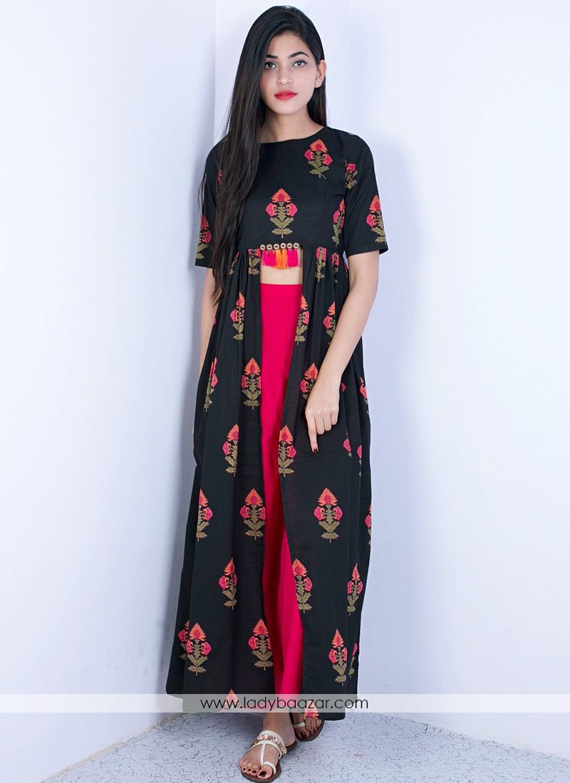 Affectionate Black With Pink Reyon Printed Indo Western Wear